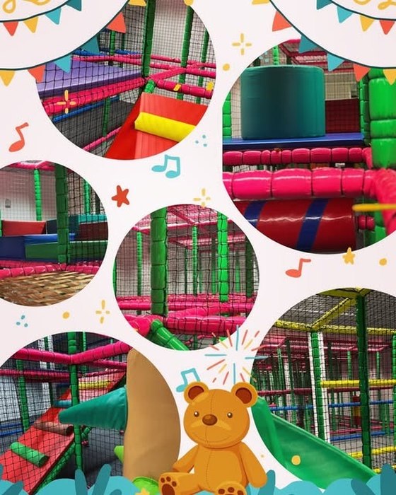 Instagram-Beitrag: Blick in den Spielbereich mit Klettergerüst und Rutschen