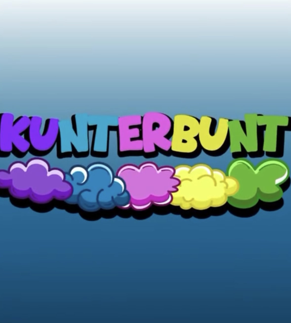 Logo von Kunterbunt: der Schriftzug KUNTERBUNT in bunten Buchstaben über farbigen Wolken